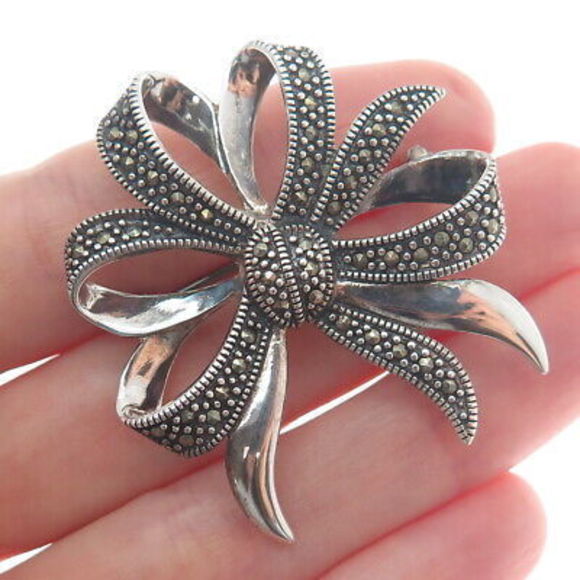 925 Sterling Silver Vintage Real Marcasite Gemstone Bow Pin Brooch